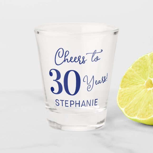Navy Blue Cheers to 30 Years 30th Birthday Party Shot Glass (Front)