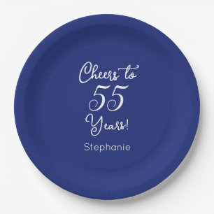 Navy Blue Cheers to 55 Years 55th Birthday Paper Plate