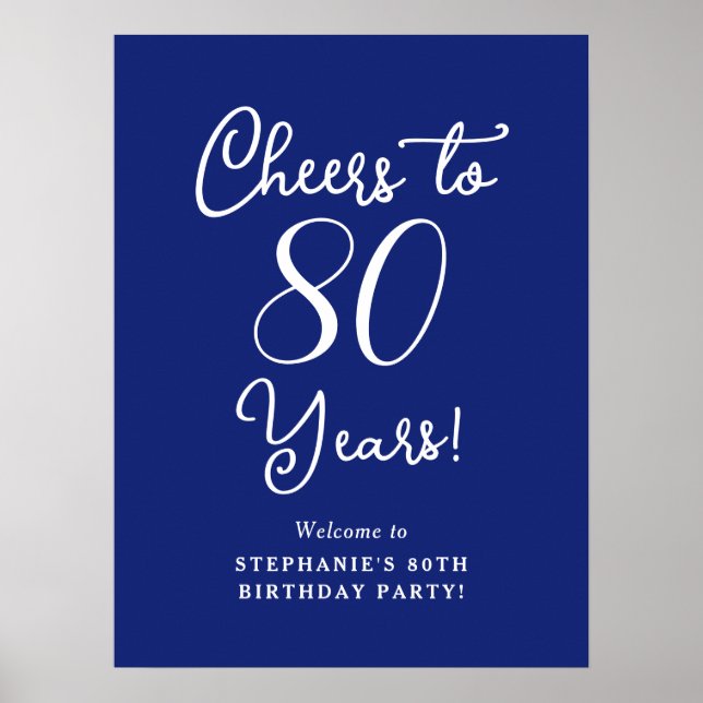 Navy Blue Cheers to 80 Years Birthday Welcome Sign (Front)