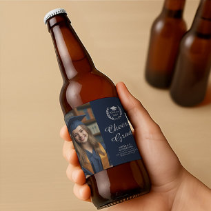 Navy Blue Cheers to the Grad Photo Laurel Wreath Beer Bottle Label