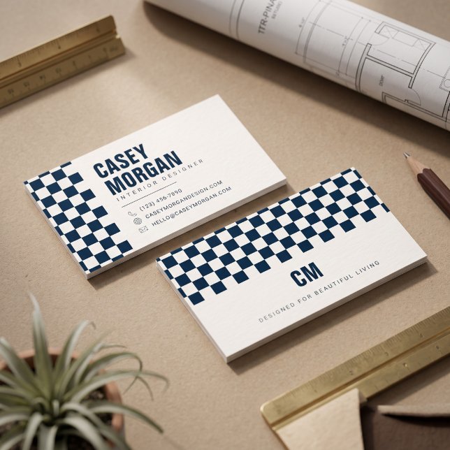 Navy Blue Chequerboard Modern Business Card (Simulated business cards on table)