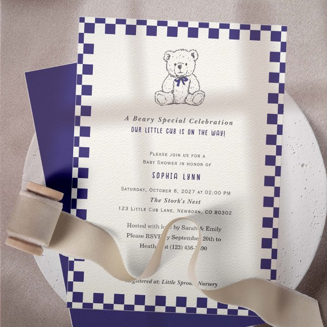 Navy Blue Chequered - Teddy Bear - Our Little Cub  Invitation (Navy Blue Checkered Teddy Bear-Our Little Cub Baby Shower invitation)