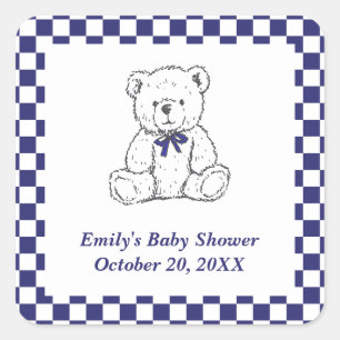 Navy Blue Chequered Teddy Bear-Our Little Cub  Square Sticker