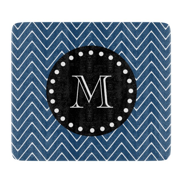 Navy Blue Chevron Pattern | Black Monogram Cutting Board (Front)