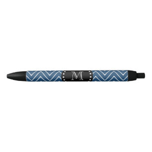 Navy Blue Chevron Pattern Black Monogram Ink Pen