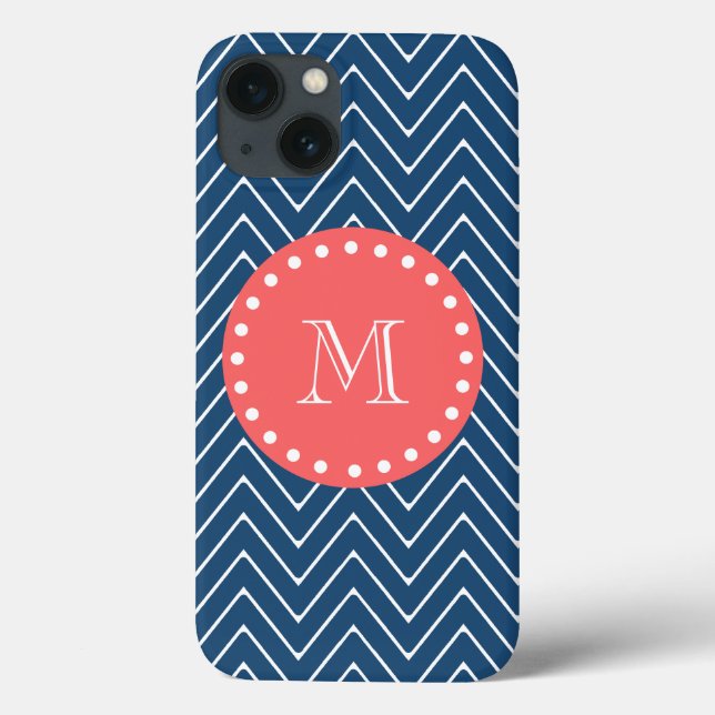 Navy Blue Chevron Pattern | Coral Monogram Case-Mate iPhone Case (Back)