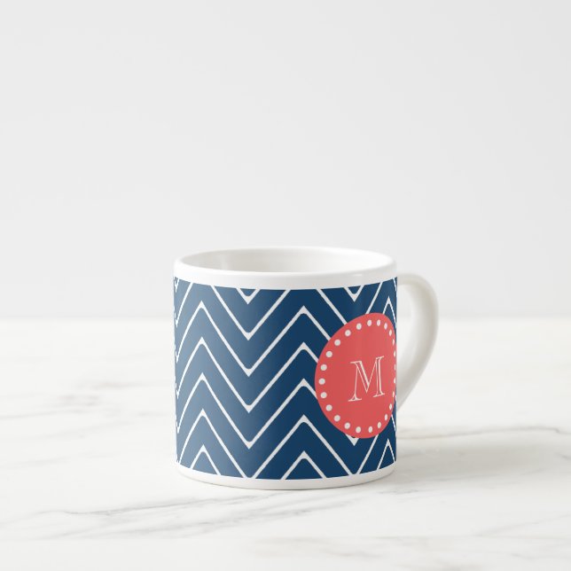 Navy Blue Chevron Pattern | Coral Monogram Espresso Cup (Front Right)