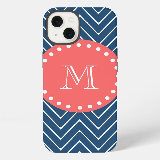 Navy Blue Chevron Pattern | Coral Monogram iPhone Case (Back)