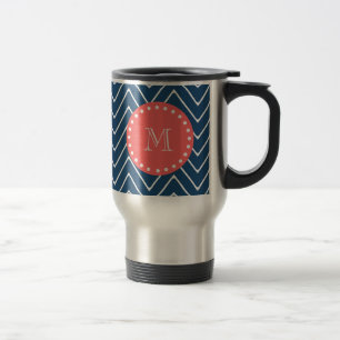 Navy Blue Chevron Pattern Coral Monogram Travel Mug