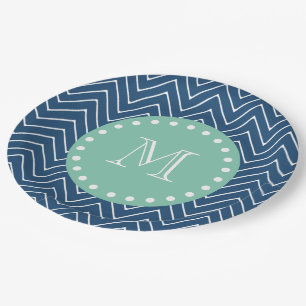Navy Blue Chevron Pattern Mint Green Monogram Paper Plate