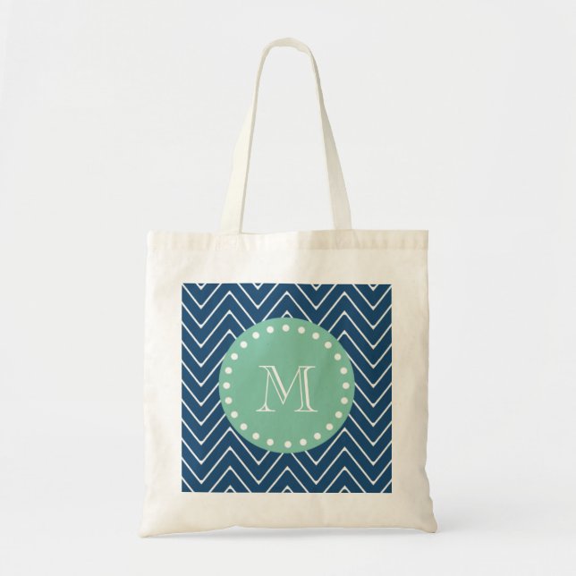 Navy Blue Chevron Pattern | Mint Green Monogram Tote Bag (Front)