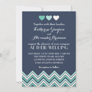 Navy Blue Chevron Pattern Wedding Invitation