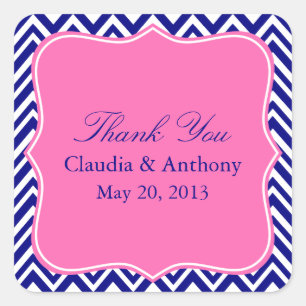 Navy Blue Chevron Pattern with Hot Pink Thank You Square Sticker