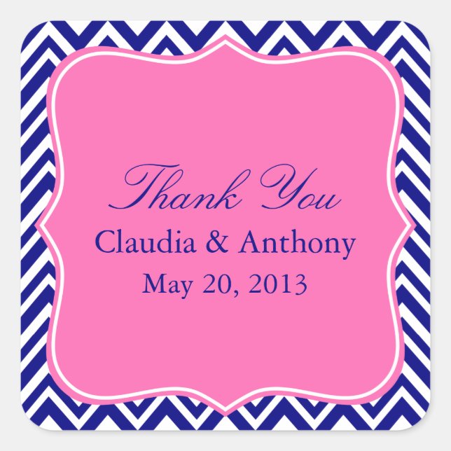 Navy Blue Chevron Pattern with Hot Pink Thank You Square Sticker (Front)