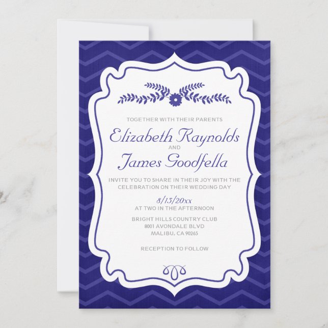 Navy Blue Chevron Stripes Wedding Invitations (Front)