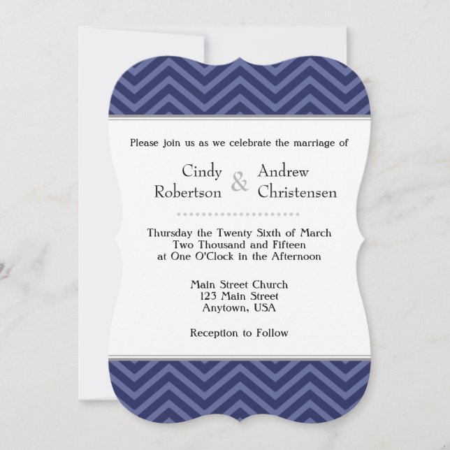 Navy Blue Chevron Wedding Invitations (Front)