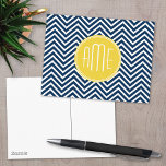 Navy Blue Chevrons with Custom Yellow Monogram Postcard<br><div class="desc">A bold geometric design in fresh,  trendy colours. If you need to adjust the monograms,  click on the customise it button and make changes.</div>