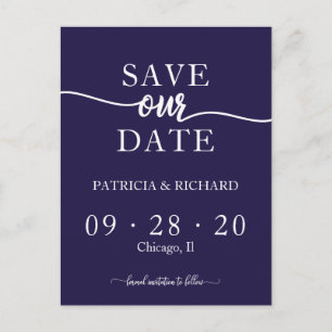Navy Blue Chic Calligraphy Wedding Save The Date Postcard