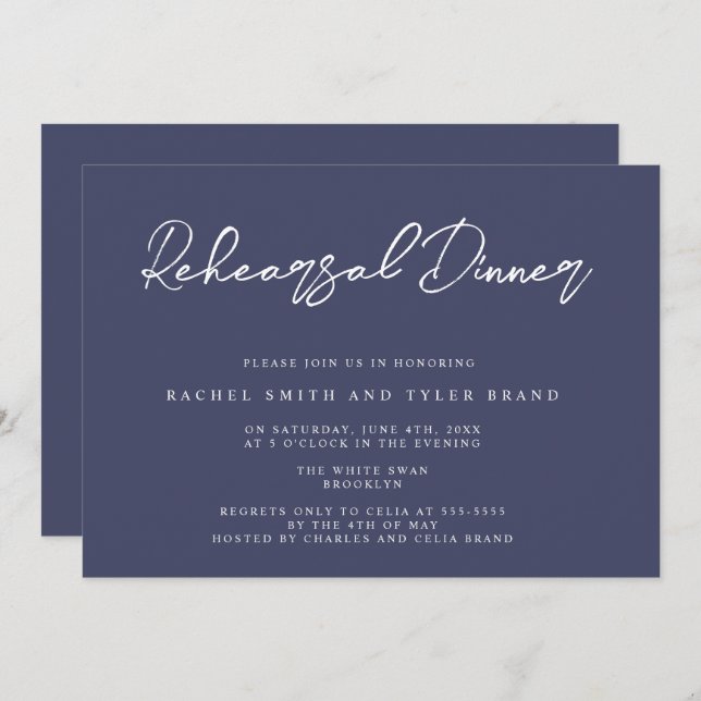 Navy Blue Chic Elegant Rehearsal Dinner Invitation (Front/Back)