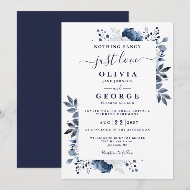 Navy Blue Chic Floral Intimate Private Wedding Invitation (Front/Back)
