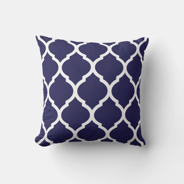 Navy Blue Chic Moroccan Lattice Pattern Cushion (Front)