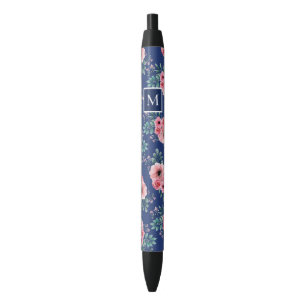 Navy Blue Chic Watercolour Floral Monogram Black Ink Pen