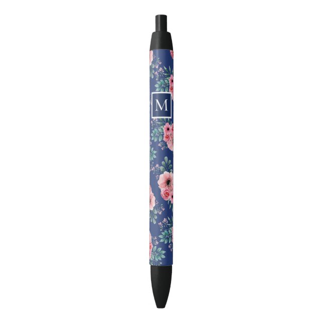 Navy Blue | Chic Watercolour Floral Monogram Black Ink Pen (Front Vertical)
