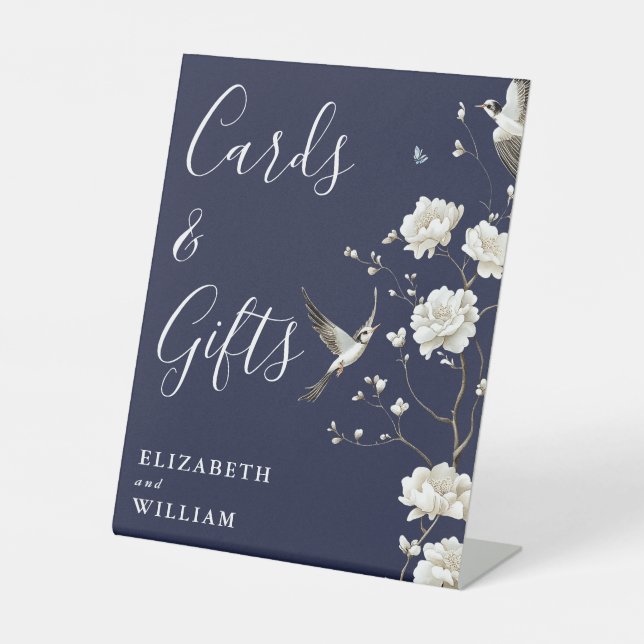 Navy Blue Chinoiserie Cards And Gifts Wedding Pedestal Sign (Front)