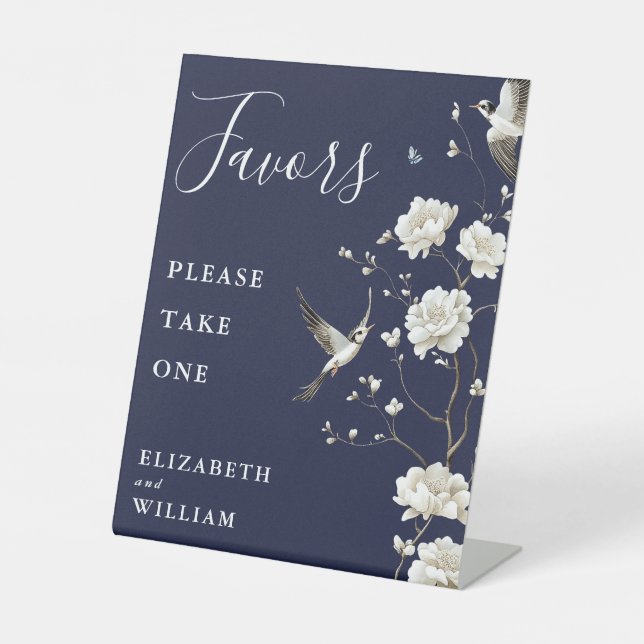 Navy Blue Chinoiserie Floral Favours Wedding Pedestal Sign (Front)