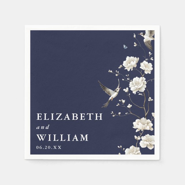 Navy Blue Chinoiserie Floral Garden Wedding Napkin (Front)