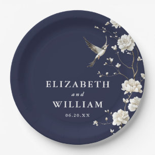 Navy Blue Chinoiserie Floral Garden Wedding Paper Plate