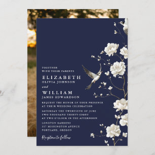 Navy Blue Chinoiserie Floral Garden Wedding Photo Invitation