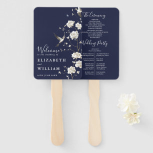 Navy Blue Chinoiserie Floral Wedding Program Hand Fan