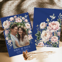 Navy Blue Chinoiserie Florals Photo Save the Date