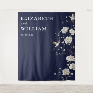Navy Blue Chinoiserie Wedding Photo Backdrop Tapestry