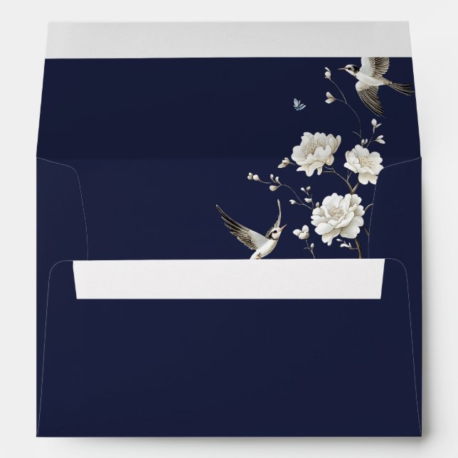 Navy Blue Chinoiserie Wedding Return Address Envelope (Back (Bottom))
