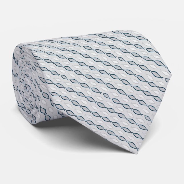Navy Blue Christian Ichthys Jesus Fish Silver Back Tie (Rolled)