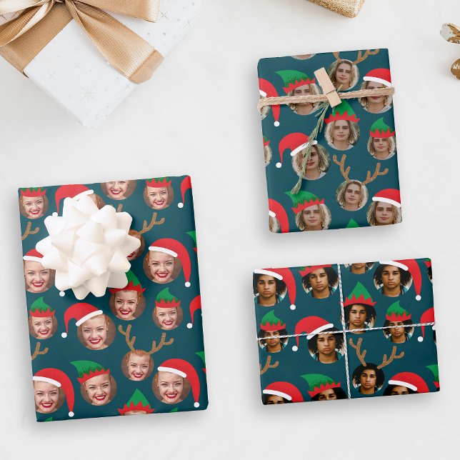 Navy Blue Christmas Crew Three Photo Custom Wrapping Paper Sheet (Creator Uploaded)