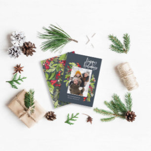 Navy blue Christmas foliage traditional 1 photo Holiday Card