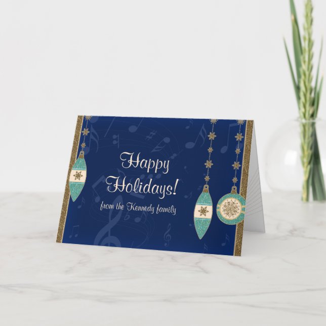 Navy Blue Christmas Ornaments Holiday Card (Front)