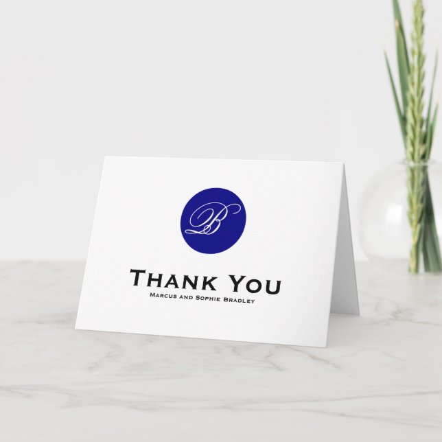 Navy Blue Circle Monogram Wedding Thank You Card (Front)