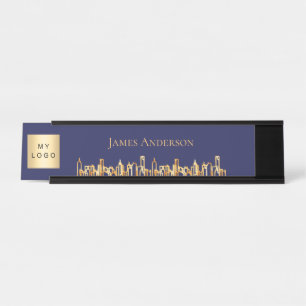 Navy blue city skyline business logo real estate desk name plate