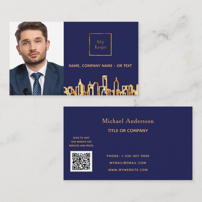 Navy blue city skyline real estate logo photo QR Business Card (Front/Back)
