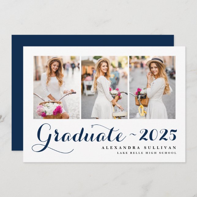 Navy Blue Class of 2025 Photo Collage Graduation Invitation (Front/Back)