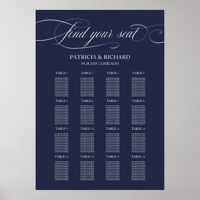 Navy Blue Classic 16 Table Wedding Seating Chart (Front)