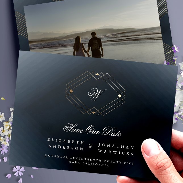navy blue classic deco gold monogram photo save the date (Creator Uploaded)
