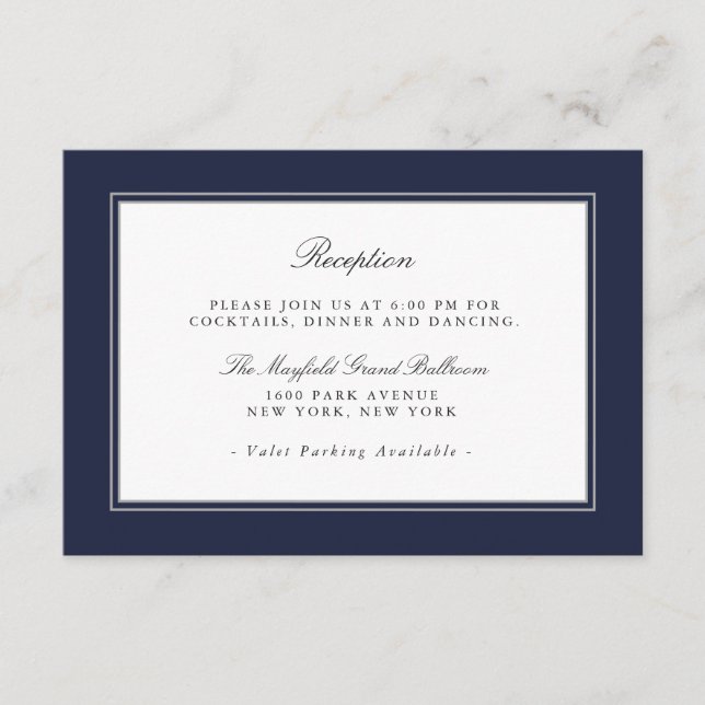 Navy Blue Classic Elegant Wedding Reception Enclosure Card (Front)