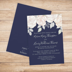 Navy Blue Classic Floral Elegant Wedding Invitation