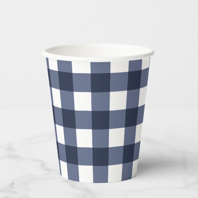 Navy Blue Classic Gingham Check Plaid Paper Cups (Front)