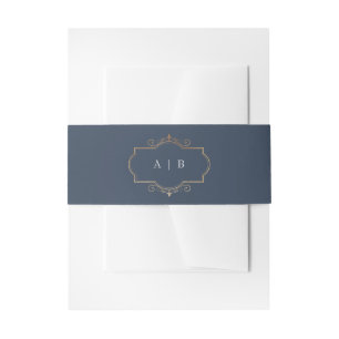 navy blue classic gold crest monogram wedding invitation belly band